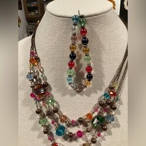 3 strand colorful glass beaded boho style necklace with stretchy bracelet